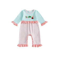 (12-18 Months, Pink) Weihnachtsstrampler für Babys und Mädchen, langärmelig, Rundhalsausschnitt, gestreift, Rüschen, Babypyjama