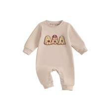 (0-3 Months, Beige) Baby Mädchen Halloween Strampler mit Geisterstickerei, langärmelig, Rundhalsausschnitt, langer Overall