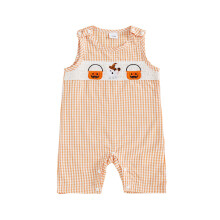 (6-12 Months, Orange) Baby Halloween Karo-Overall Strampler mit Kürbis-Stickerei, ärmelloser Body, süße Herbstkleidung