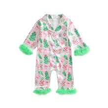 (0-3 Months, Green) Tyttövauvan joulupyjama, turkisreunus ja joulukuusi-/karkkikeppikuvio, napitettava kaulus, pitkähihainen haalari