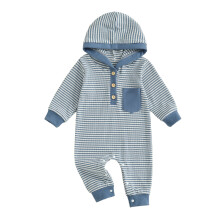(3-6 Months, Blue) Salopetă cu glugă și mânecă lungă, cu dungi, pentru bebeluși băieți, haine drăguțe tricotate tip vafă