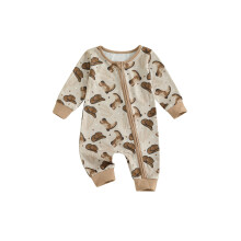 (3-6 Months, Khaki) Salopă pentru bebeluși cu imprimeu, mânecă lungă, guler rotund, lungime completă, cu fermoar