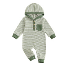 (3-6M, green) Salopetă cu glugă și mânecă lungă, cu dungi, pentru bebeluși băieți, haine drăguțe tricotate tip vafă