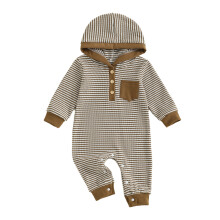 (12-18M, Khaki) Salopetă cu glugă și mânecă lungă, cu dungi, pentru bebeluși băieți, haine drăguțe tricotate tip vafă