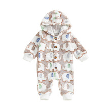 (0-3 Months, Khaki) Baby-Fleece-Strampler mit niedlichem Tiermuster, langen Ärmeln und Kapuze, warm für den Winter