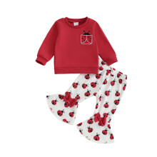 (3-4 Years, Red) Seturi de pantaloni pentru fetițe, bluze cu mânecă lungă și imprimeu buburuză/albină, pantaloni evazați