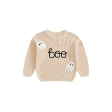 (2-3 Years, White) Pull en maille pour fille, manches longues, col rond, broderie fantôme, idéal pour Halloween