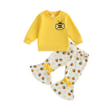 (18-24 Months, Yellow) Seturi de pantaloni pentru fetițe, bluze cu mânecă lungă și imprimeu buburuză/albină, pantaloni evazați