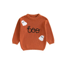 (130, Orange) Pull en maille pour fille, manches longues, col rond, broderie fantôme, idéal pour Halloween