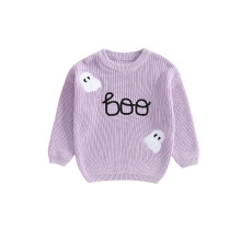 (120, PURPLE) Pull en maille pour fille, manches longues, col rond, broderie fantôme, idéal pour Halloween