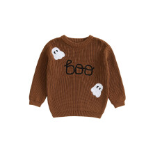 (130, Brown) Pull en maille pour fille, manches longues, col rond, broderie fantôme, idéal pour Halloween