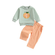 (12-18 Months, Green) Set de îmbrăcăminte pentru bebeluși cu mânecă lungă, dovleac, brodat, cu pantaloni în carouri, 2 buc.
