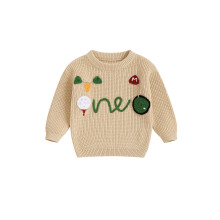 (9-12 Months, Khaki) Baby-Geburtstagspullover, langärmelig, Rundhals, Golf-Stickerei, Pullover für Kleinkinder, Herbstoberteile