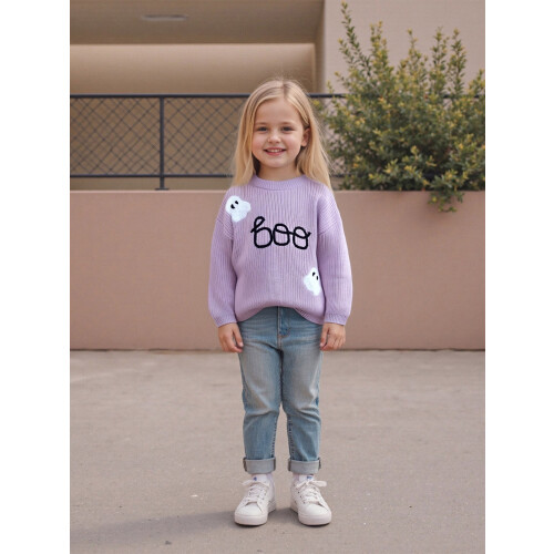 (120, PURPLE) Κορίτσια Πλεκτό Πουλόβερ Μακρυμάνικο O Neck με Γράμμα Ghost 2