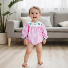 (6-12 Months, Pink) Baby-Mädchen-Strampler mit Karomuster, Weihnachtsbaumstickerei, Rundhalsausschnitt, langen Ärmeln und Ballonform