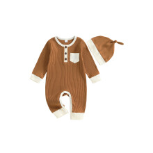 (Newborn, Khaki) Kombinezon dla chłopca na jesień, kontrastowy kolor, długi rękaw, z czapeczką, ubranka dla noworodka