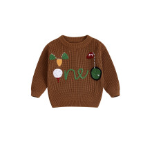 (12-18 Months, Brown) Baby-Geburtstagspullover, langärmelig, Rundhals, Golf-Stickerei, Pullover für Kleinkinder, Herbstoberteile