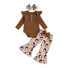 (12-18 Months, Brown) Set de 3 piese pentru bebeluși de Crăciun, salopetă cu mânecă lungă și pantaloni evazați de Moș Crăciun