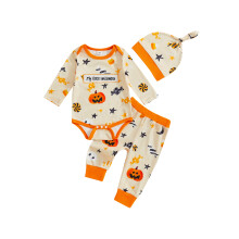 (0-3 Months, Orange) Halloweenske oblečenie pre chlapčeka, overal s dlhým rukávom a čiapkou, 3-dielna jesenná súprava