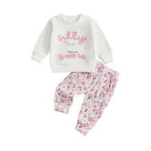 (0-6 Months, Pink) Seturi de pantaloni de toamnă pentru fete mici, cu broderie de gâscă, cu mânecă lungă, bluze, pantaloni, set
