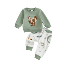 (18-24 Months, Green) Jesienny komplet dla chłopców, modny sweter z długim rękawem, haft z kurczakiem, spodnie z nadrukiem, 2 szt.