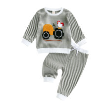 (3-6 Months, Dark Grey) Set 2 buc ținute de toamnă pentru bebeluși, hanorac brodat cu cocoș și tractor + pantaloni, haine mici.