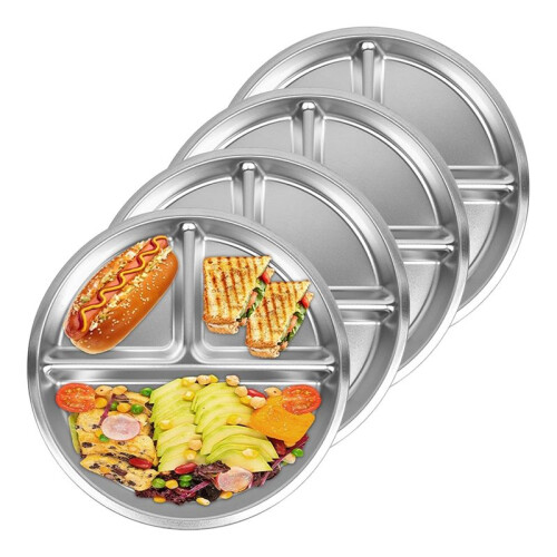 4Pack Stainless Steel Plates, 8Inch 3 Section Round Divided Plates Portion Control Plates Partition Plate for Camping
