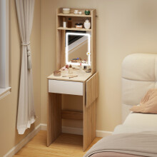 HOMCOM Compact Dressing Table with Lighted Mirror Open Shelves Natural Wood