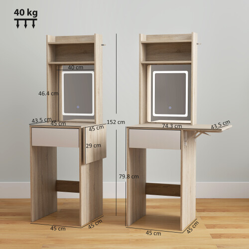 Homcom HOMCOM Compact Dressing Table with Lighted Mirror Open Shelves Natural Wood 2