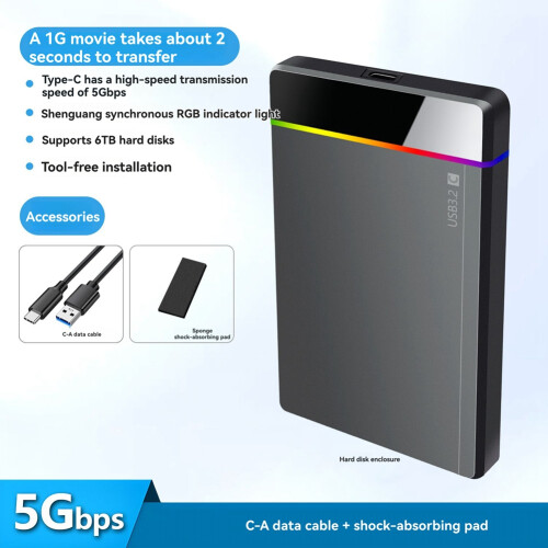 Gabinete para HDD/SSD Tipo C RGB de 2,5 Polegadas  para USB 3.2 Gen1 5 Gbps HD Caixa para Gabinete de Disco Rígido Externo Sem Ferramentas 2