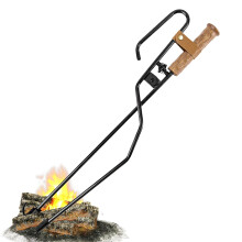 Fireplace Tongs with Ergonomic Wood Handle, Heavy Duty Campfire Log Grabber for Outdoor Fire Pits