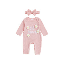 (0-3 Months, Pink) Mono informal de otoño para niña pequeña, manga larga, cuello redondo, letras, bordado floral, con diadema