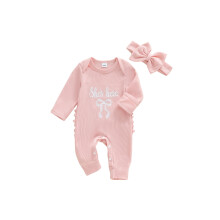 (0-3 Months, Pink) Mono de otoño para niñas pequeñas con estampado de letras y lazo, manga larga, cuello redondo y diadema