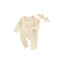 (Newborn, Khaki) Mono de otoño para niñas pequeñas con estampado de letras y lazo, manga larga, cuello redondo y diadema