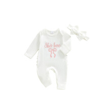 (Newborn, White) Mono de otoño para niñas pequeñas con estampado de letras y lazo, manga larga, cuello redondo y diadema