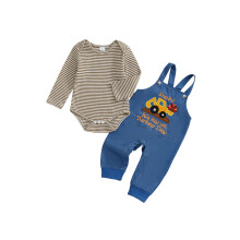 (6-12 Months, Blue) Dětský overal na Den díkůvzdání, pruhované rukávy, kalhoty s vázáním, traktorem a krůtou, 2 kusy.