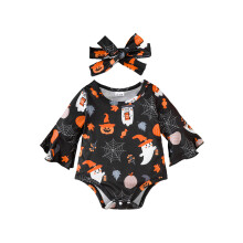 (0-3 Months, Black) Pelele de Halloween para bebé niña con mangas acampanadas y estampado de fantasmas y calabazas.