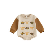 (6-12 Months, Apricot) Pelele de bebé niña con cuello redondo, manga larga y lazo, estampado de pavo, ropa de Acción de Gracias.