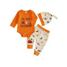 (12-18 Months, Orange) Conjunto Halloween bebé: pelele manga larga, pantalones calabaza y gorro (3 piezas).