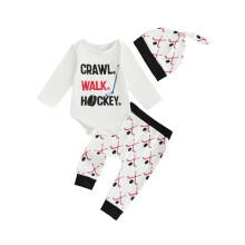 (6-12 Months, White) Podzimní oblečení pro chlapečka, overal s potiskem, dlouhý rukáv, hokejový vzor, kalhoty a čepice, 3dílný set.