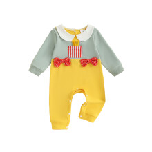 (18-24 Months, Yellow) Mono de bebé niña con cuello de muñeca de color en contraste de moda, manga larga, medio botón hacia abajo