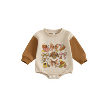(3-6 Months, Beige) Dívčí overal, dlouhý rukáv, kulatý výstřih s mašlí a krůtím potiskem, oblečení na díkůvzdání