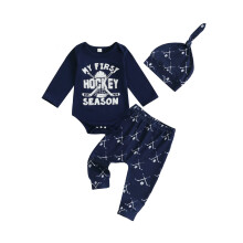 (6-12 Months, Blue) Podzimní oblečení pro chlapečka, overal s potiskem, dlouhý rukáv, hokejový vzor, kalhoty a čepice, 3dílný set.