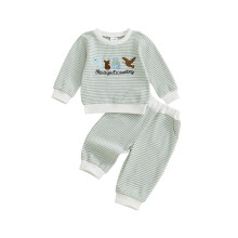 (6-12 Months, Light Green) Chlapecké podzimní 2dílné sady s dlouhým rukávem a pruhovanými kalhotami, zvířecí výšivky