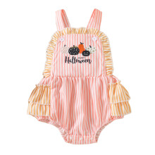 (3-6 Months, Pink) Podzimní halloweenský overal pro holčičky s potiskem dýňových písmen a pruhovaným volánem