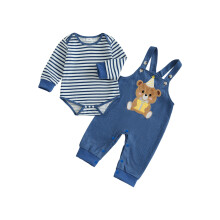 (0-3 Months, Blue) Conjunto de otoño para bebé niño: pelele de manga larga a rayas y peto con bordado de oso (2 piezas).