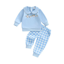 (6-12 Months, Blue) Herbstoutfit für Kleinkinder Mädchen: Pullover mit Entenstickerei, langen Ärmeln + karierte Hose (2-teiliges Set)
