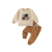 (18-24 Months, Khaki) Conjunto de 2 piezas de otoño para bebé: sudadera larga con bordado de fútbol y pantalón liso. Ropa abrigada.
