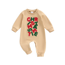 (6-12 Months, Khaki) Dětský vánoční overal, dlouhý rukáv, kulatý výstřih s písmeny a výšivkou, beze nohou