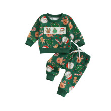 (18-24 Months, Green) Disfraz navideño niño, sudadera larga con estampado de Papá Noel y pantalón elástico (conjunto 2 piezas).